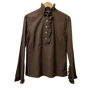 Tory Burch Womens Ruffle High Neck Blouse Top Size 6 Brown Equestrian Preppy